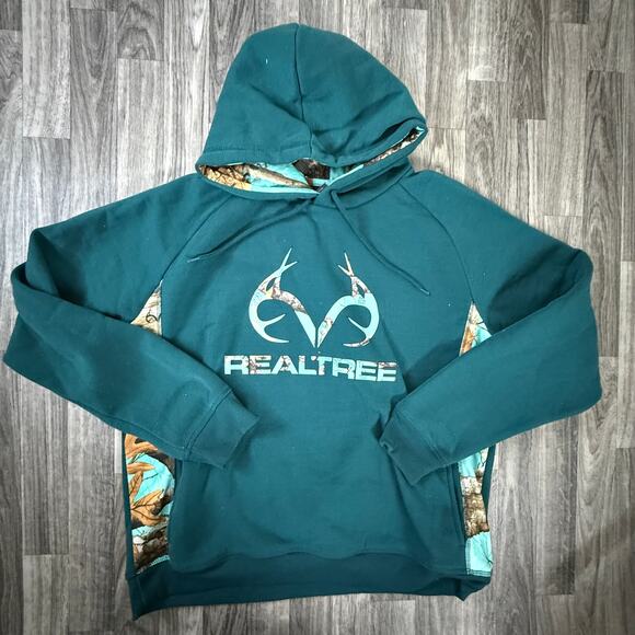 Realtree Camo Logo Hoodie Green Teal Pullover Hooded Sweatshirt Men’s Poly - Picture 1 of 6